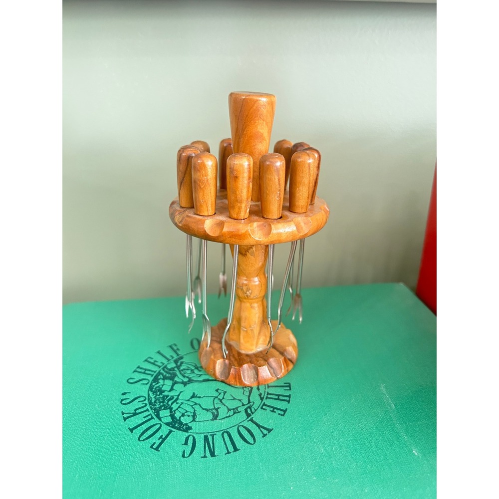Vintage 60s Artesania Cocktail Picks Set Olive Skewers Wooden Holder Charcuterie